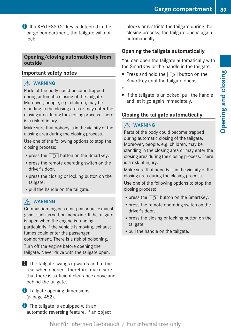 Opening/closing automatically from outside, Opening and closing, Cargo compartment | Mercedes-Benz 2013 M Class User Manual | Page 91 / 460