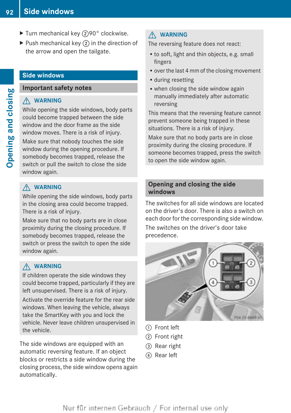 Side windows, Important safety notes, Opening and closing the side windows | Opening and closing | Mercedes-Benz 2013 M Class User Manual | Page 94 / 460