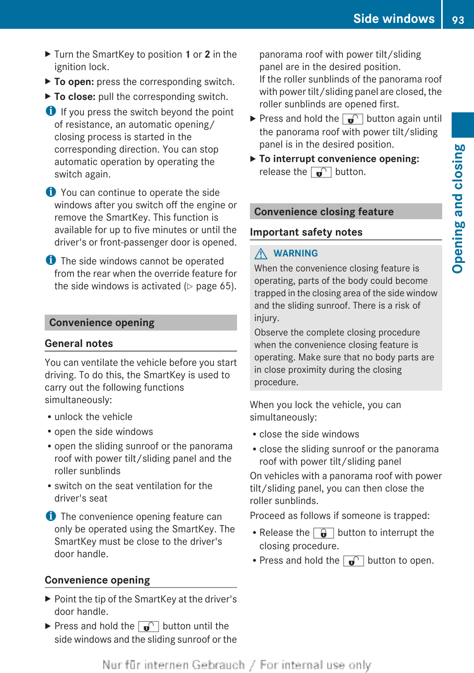 Convenience opening, Convenience closing feature, Closing feature | Opening and closing, Side windows | Mercedes-Benz 2013 M Class User Manual | Page 95 / 460