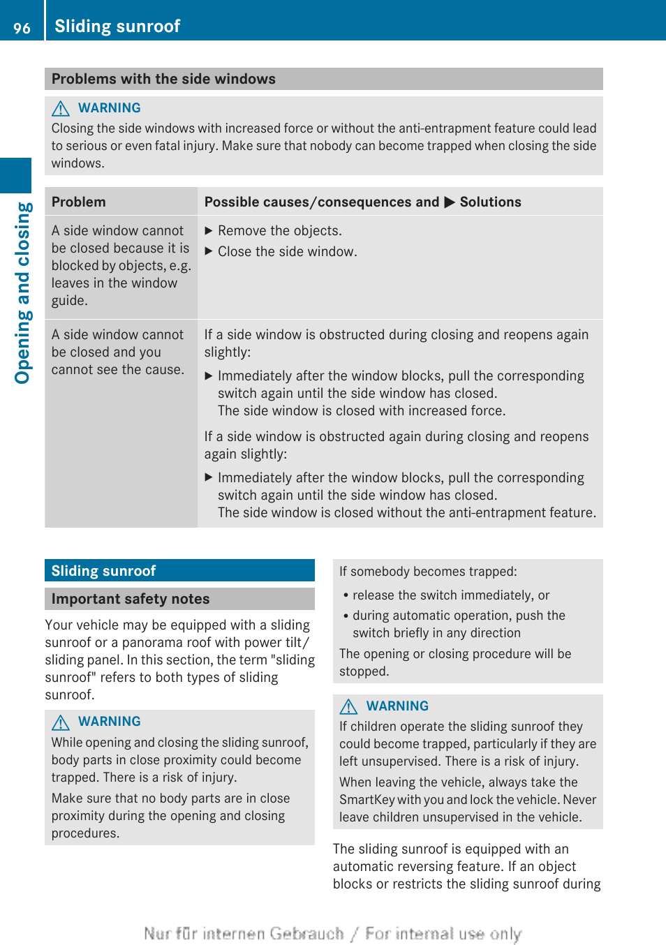 Problems with the side windows, Sliding sunroof, Important safety notes | The sliding sunroof, Opening and closing | Mercedes-Benz 2013 M Class User Manual | Page 98 / 460