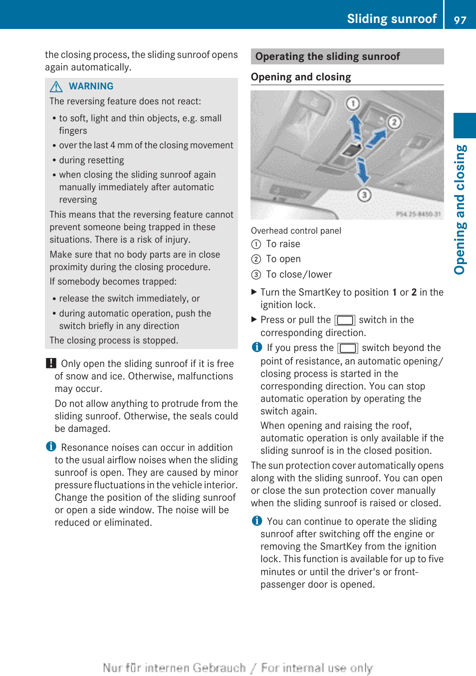 Operating the sliding sunroof, Opening and closing, Sliding sunroof | Mercedes-Benz 2013 M Class User Manual | Page 99 / 460