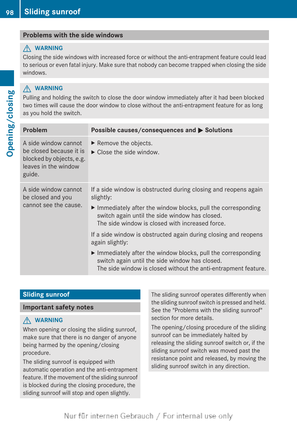 Problems with the side windows, Sliding sunroof, Important safety notes | Opening/closing | Mercedes-Benz 2013 GL Class User Manual | Page 100 / 448