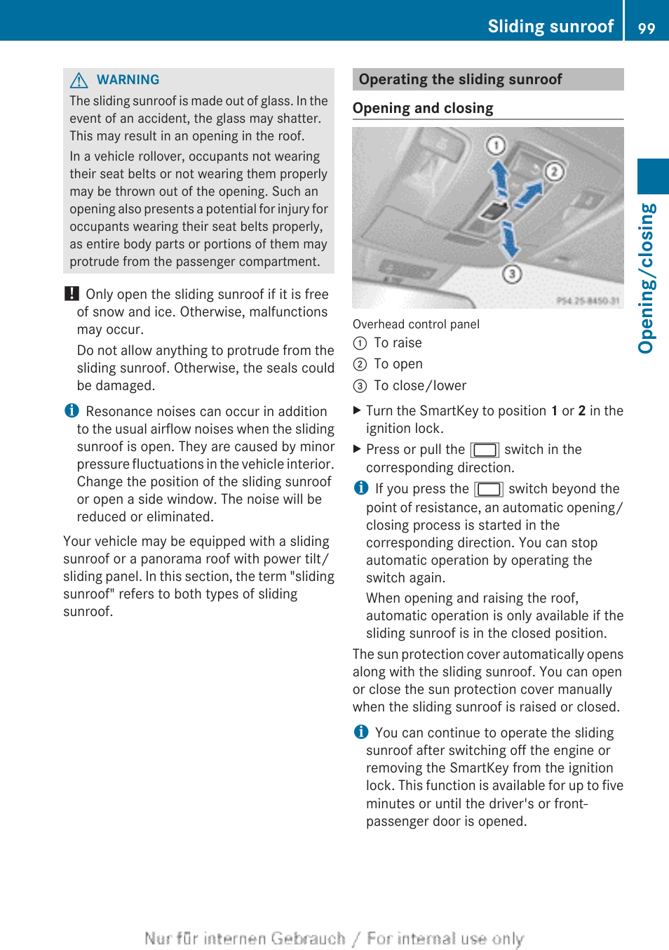 Operating the sliding sunroof, Opening/closing, Sliding sunroof | Mercedes-Benz 2013 GL Class User Manual | Page 101 / 448