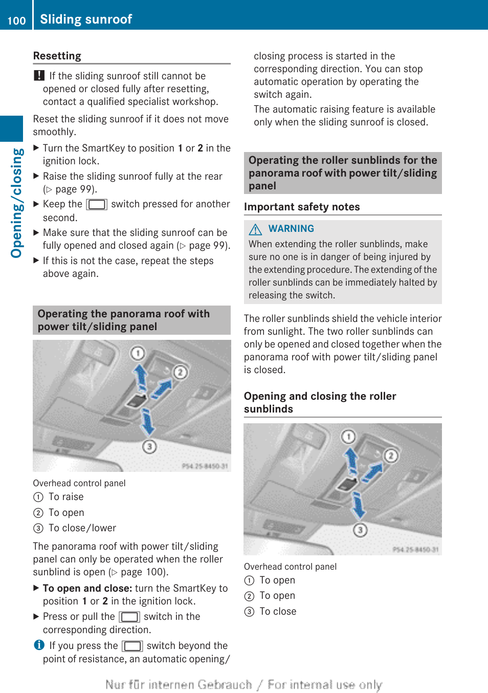 Opening/closing, Sliding sunroof | Mercedes-Benz 2013 GL Class User Manual | Page 102 / 448