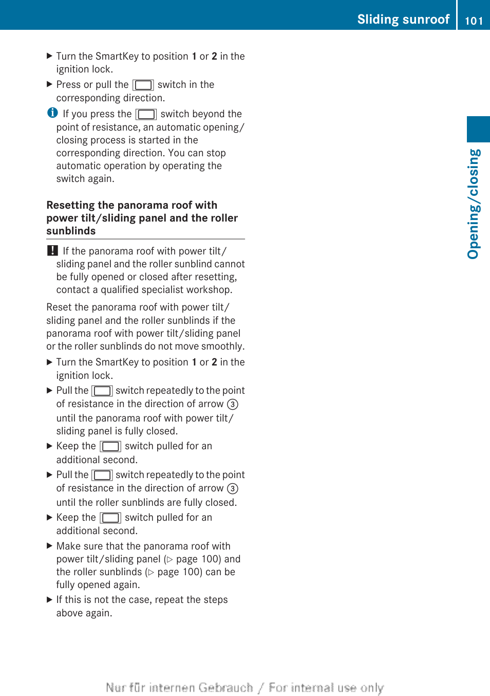 Opening/closing, Sliding sunroof | Mercedes-Benz 2013 GL Class User Manual | Page 103 / 448