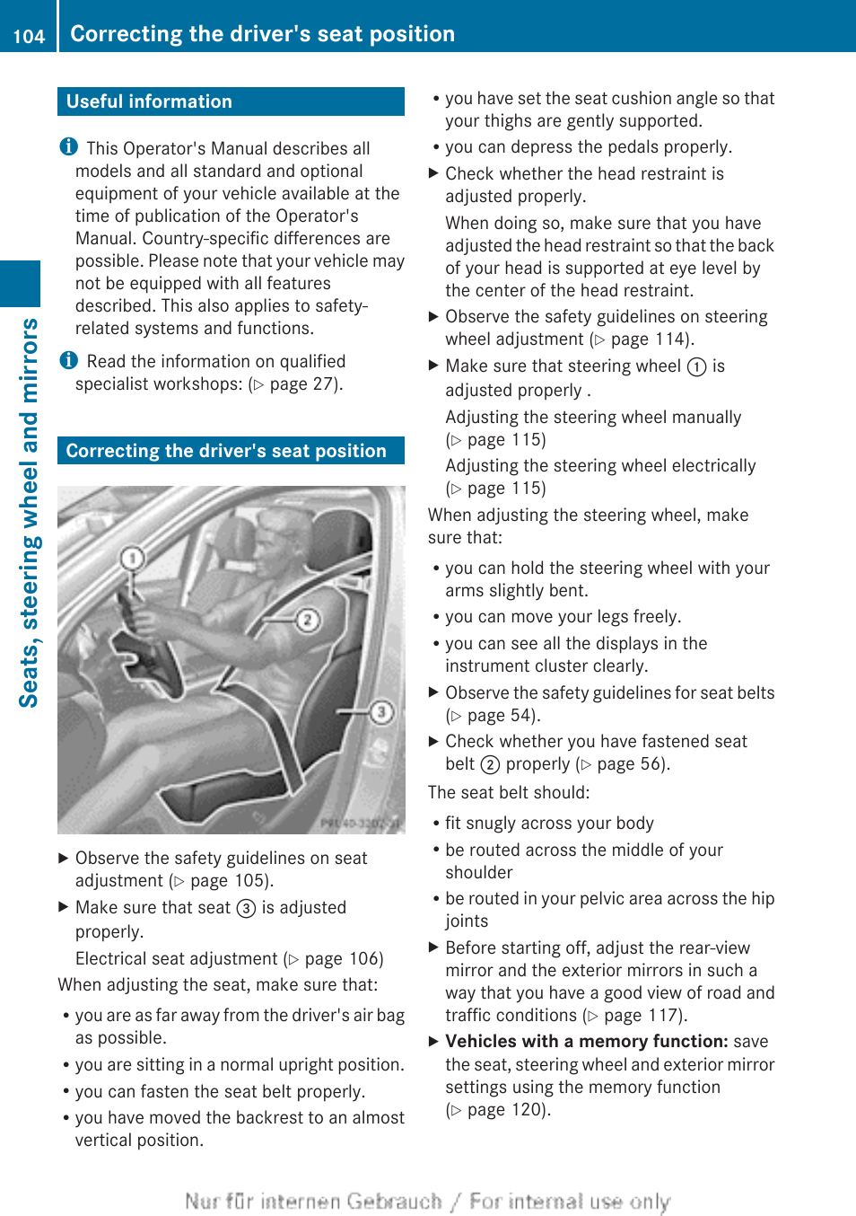 Seats, steering wheel and mirrors, Useful information, Correcting the driver's seat position | An almost vertical position, Tion | Mercedes-Benz 2013 GL Class User Manual | Page 106 / 448