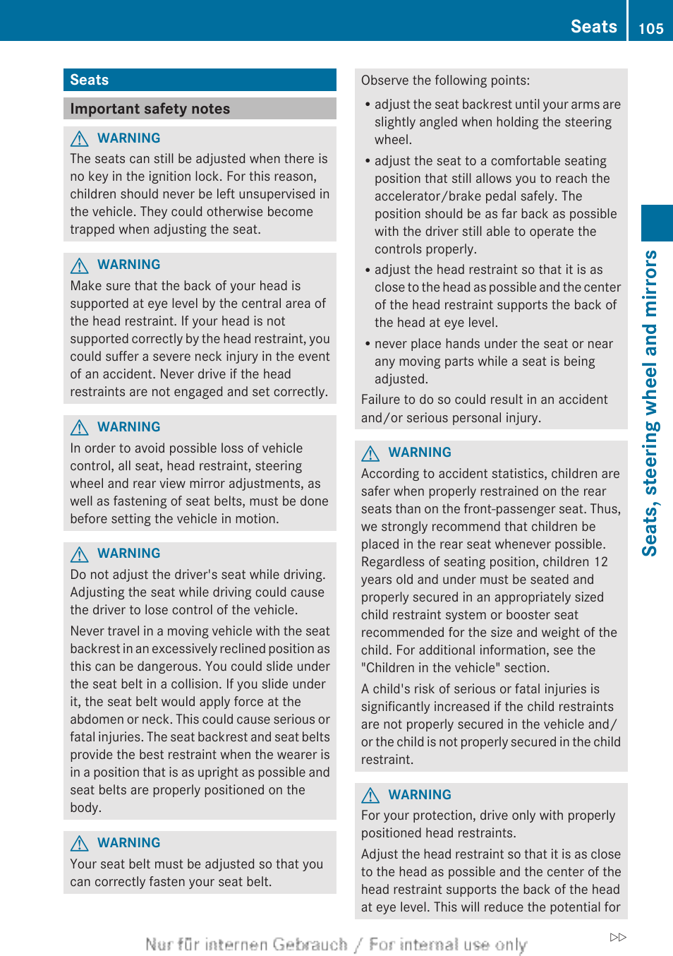 Seats, Important safety notes, Adjustment | Seats, steering wheel and mirrors | Mercedes-Benz 2013 GL Class User Manual | Page 107 / 448