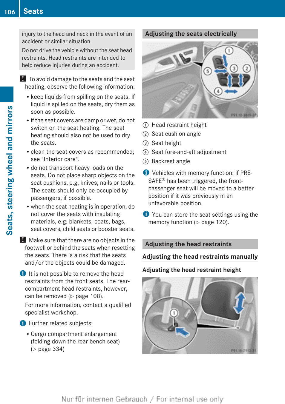 Adjusting the seats electrically, Adjusting the head restraints, Electrical seat adjustment | Seats, steering wheel and mirrors, Seats | Mercedes-Benz 2013 GL Class User Manual | Page 108 / 448