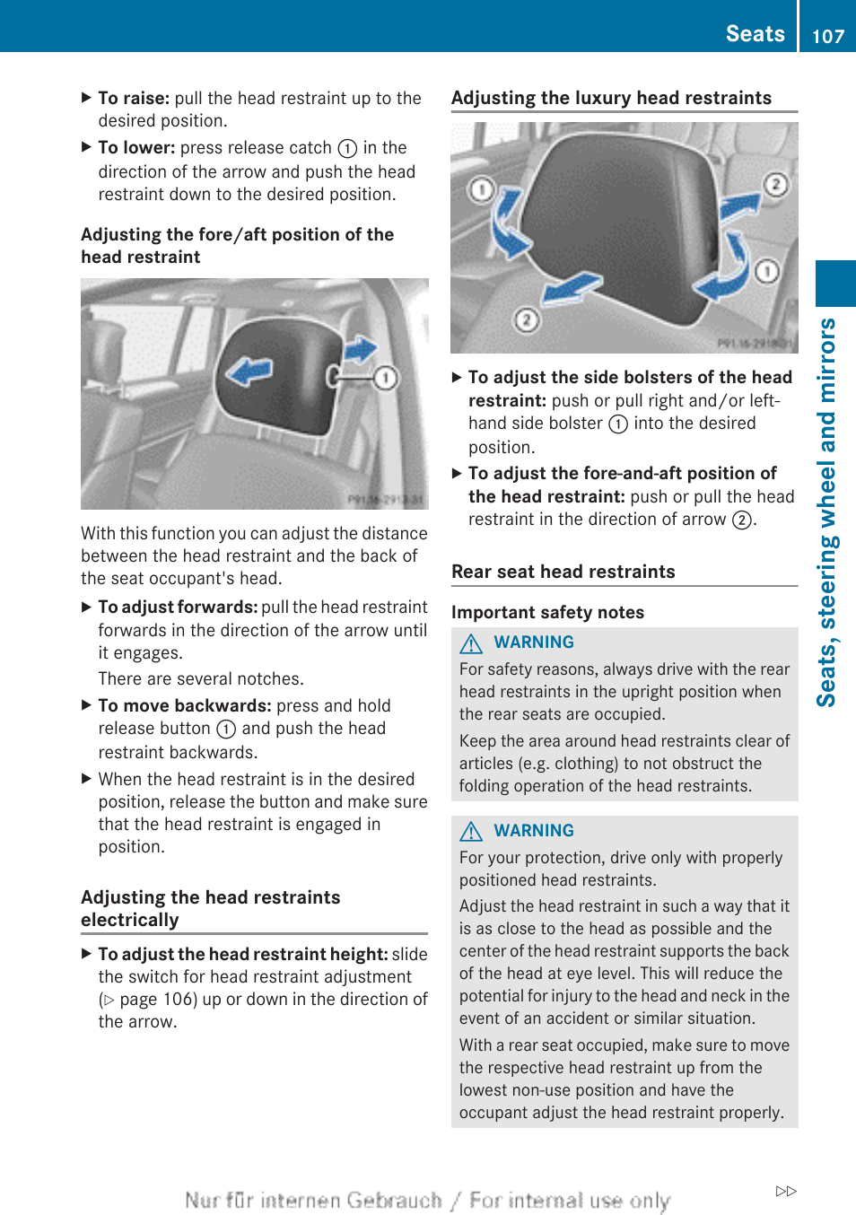 Seats, steering wheel and mirrors, Seats | Mercedes-Benz 2013 GL Class User Manual | Page 109 / 448