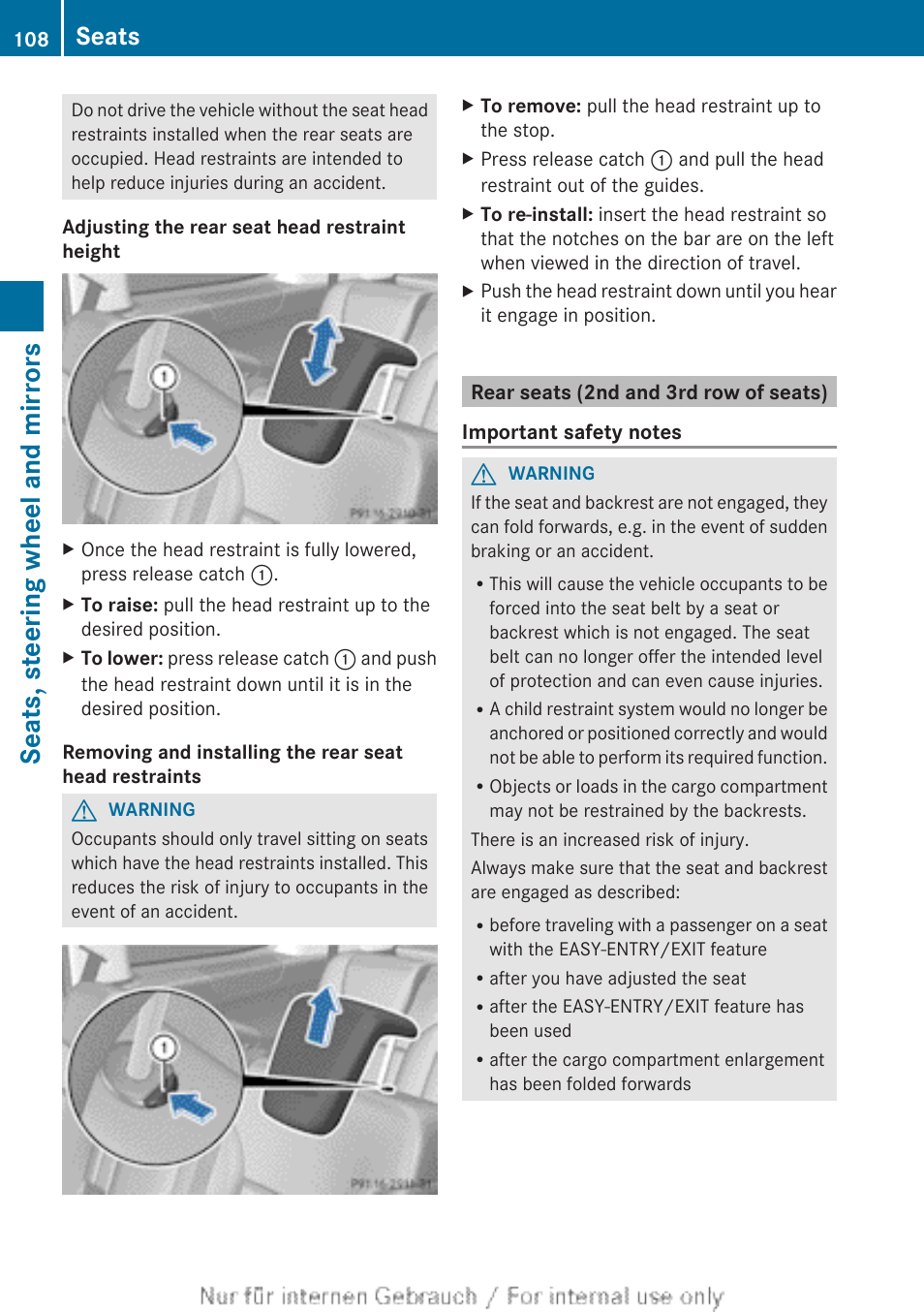 Rear seats (2nd and 3rd row of seats), Can be removed, Seats, steering wheel and mirrors | Seats | Mercedes-Benz 2013 GL Class User Manual | Page 110 / 448