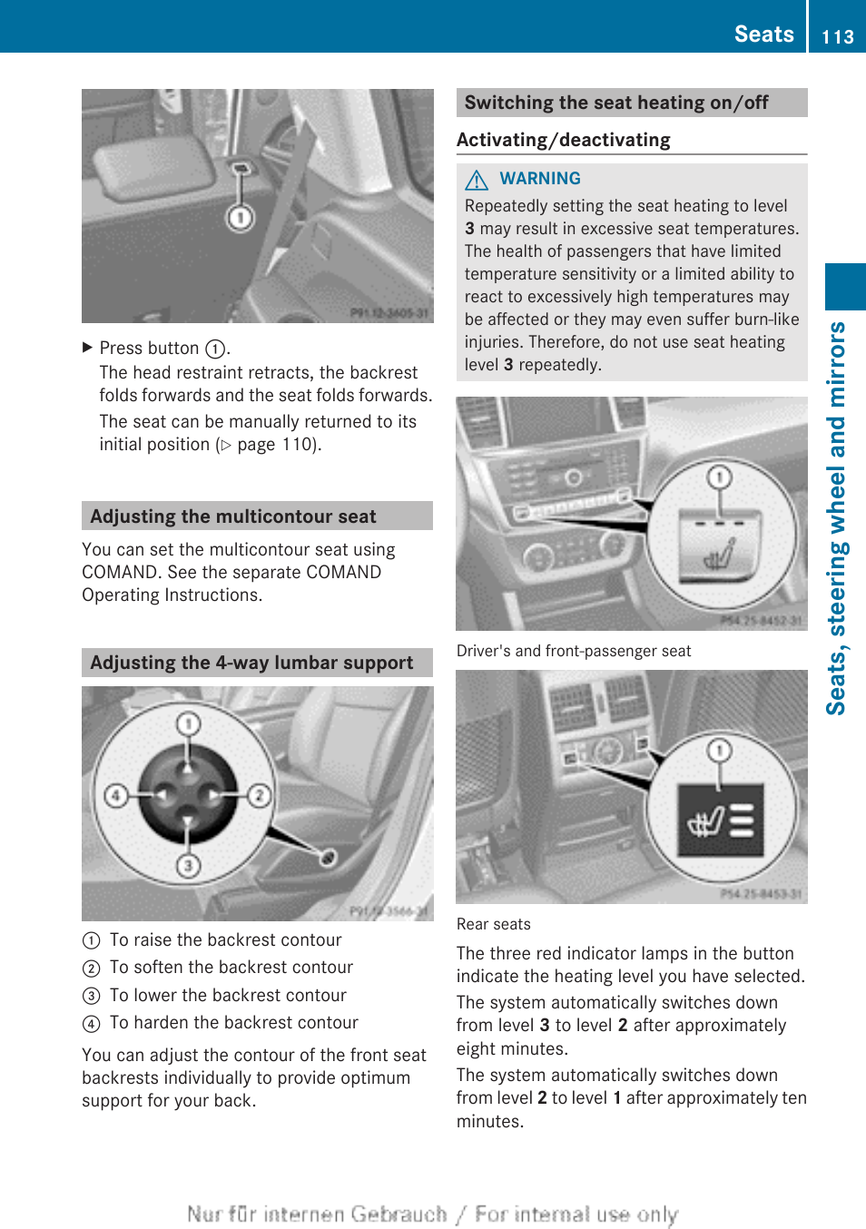 Adjusting the multicontour seat, Adjusting the 4-way lumbar support, Switching the seat heating on/off | Seats, steering wheel and mirrors, Seats | Mercedes-Benz 2013 GL Class User Manual | Page 115 / 448