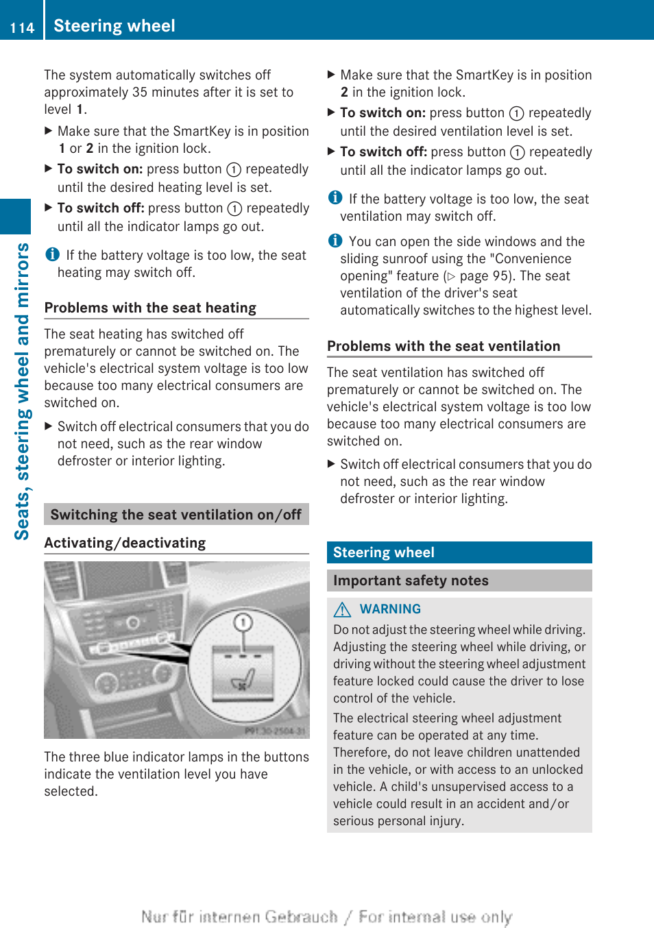 Switching the seat ventilation on/off, Steering wheel, Important safety notes | Wheel adjustment, Seats, steering wheel and mirrors | Mercedes-Benz 2013 GL Class User Manual | Page 116 / 448