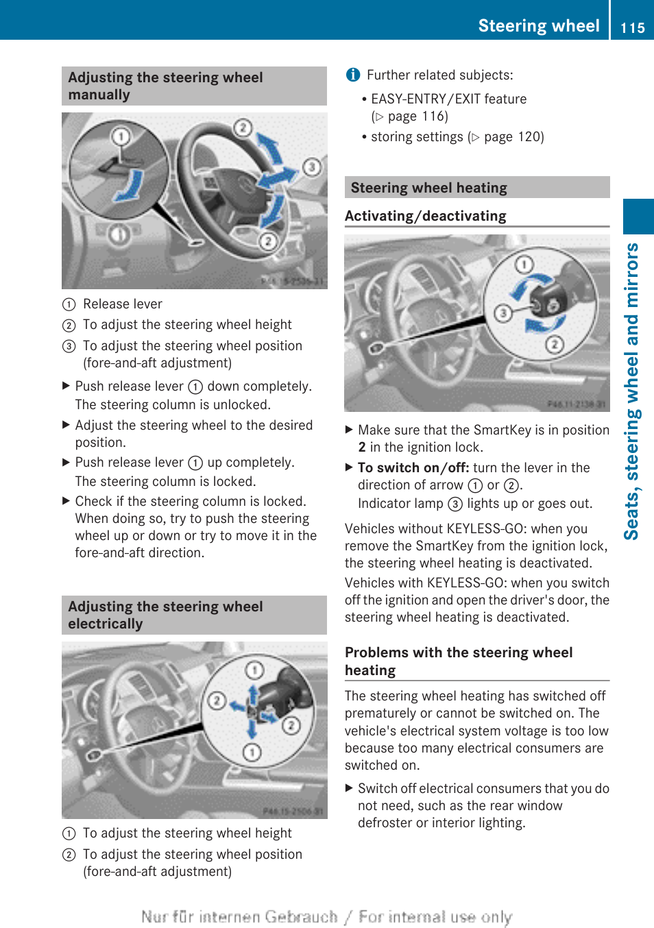 Adjusting the steering wheel manually, Adjusting the steering wheel electrically, Steering wheel heating | Seats, steering wheel and mirrors, Steering wheel | Mercedes-Benz 2013 GL Class User Manual | Page 117 / 448