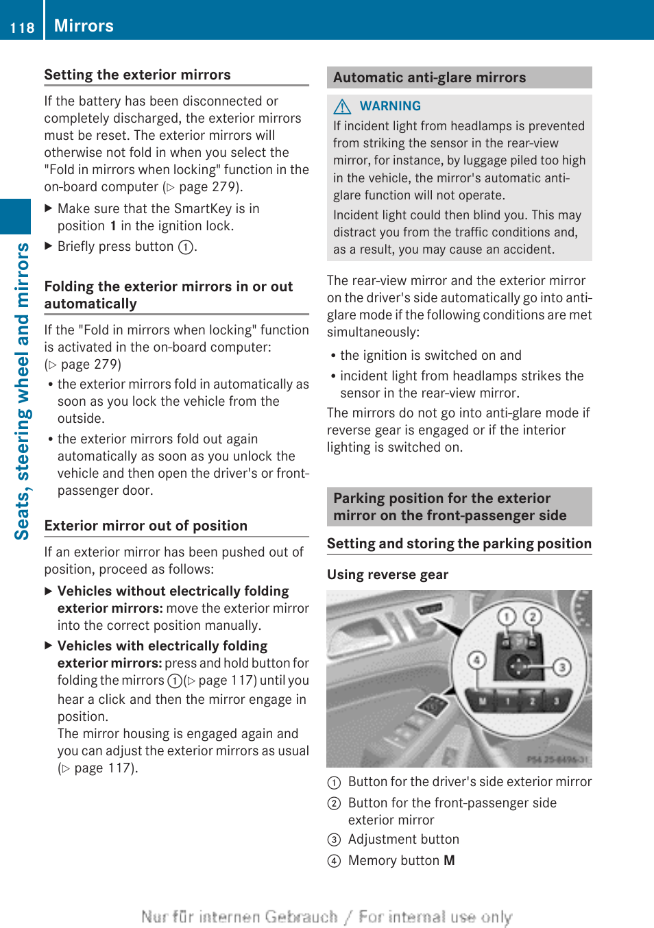 Automatic anti-glare mirrors, Seats, steering wheel and mirrors, Mirrors | Mercedes-Benz 2013 GL Class User Manual | Page 120 / 448