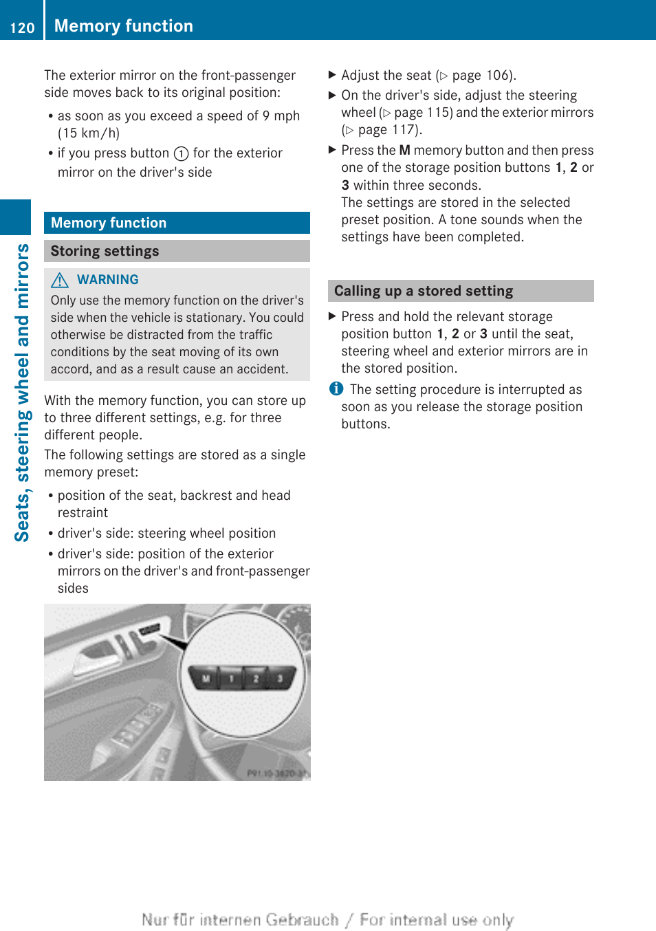 Memory function, Storing settings, Calling up a stored setting | Function, Seats, steering wheel and mirrors | Mercedes-Benz 2013 GL Class User Manual | Page 122 / 448