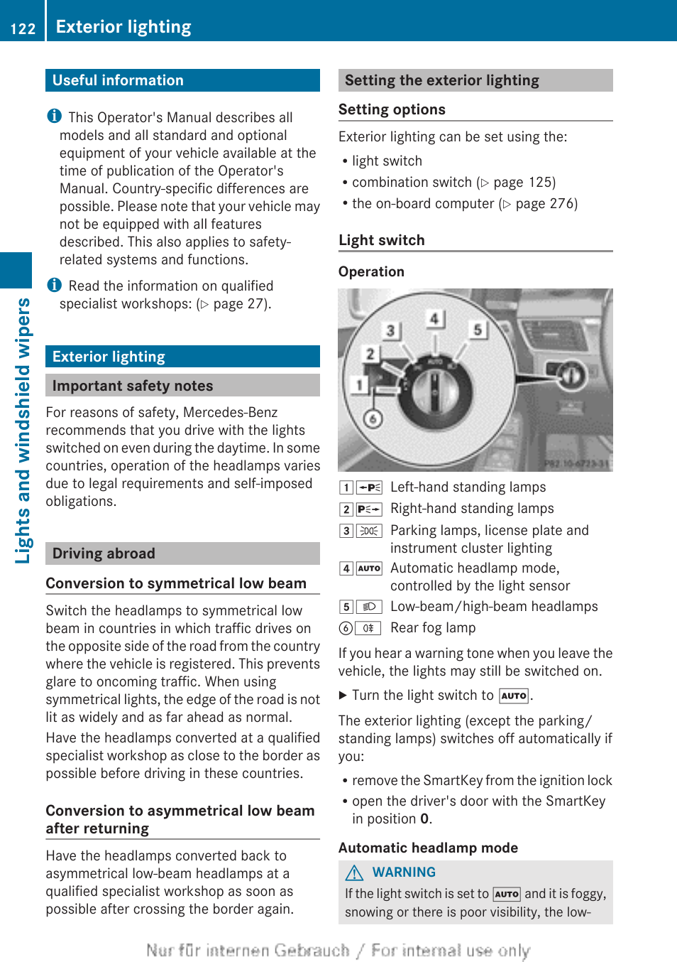 Lights and windshield wipers, Useful information, Exterior lighting | Important safety notes, Driving abroad, Setting the exterior lighting, Useful information exterior lighting | Mercedes-Benz 2013 GL Class User Manual | Page 124 / 448