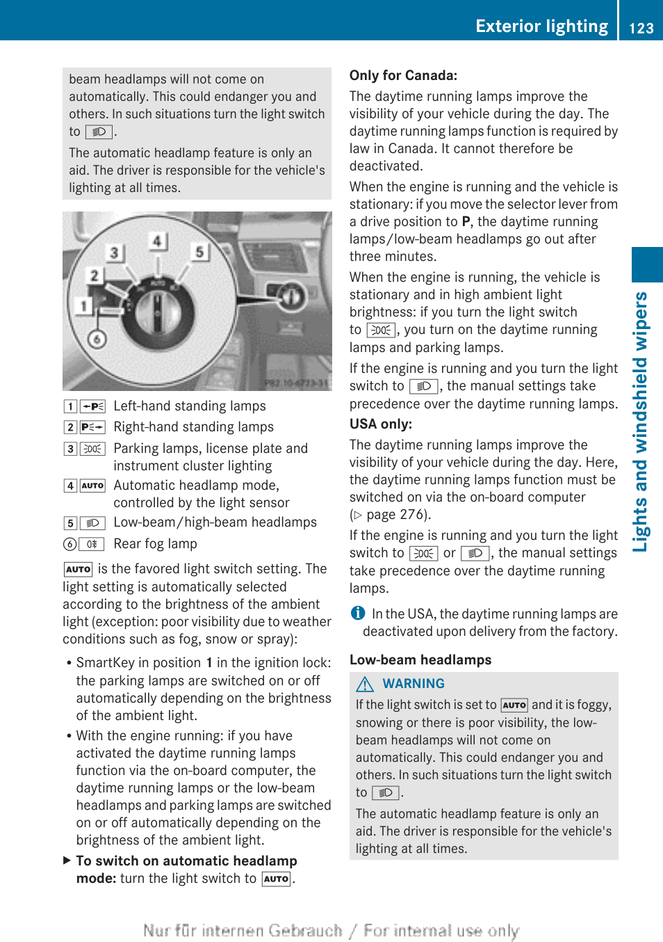 Lights and windshield wipers, Exterior lighting | Mercedes-Benz 2013 GL Class User Manual | Page 125 / 448