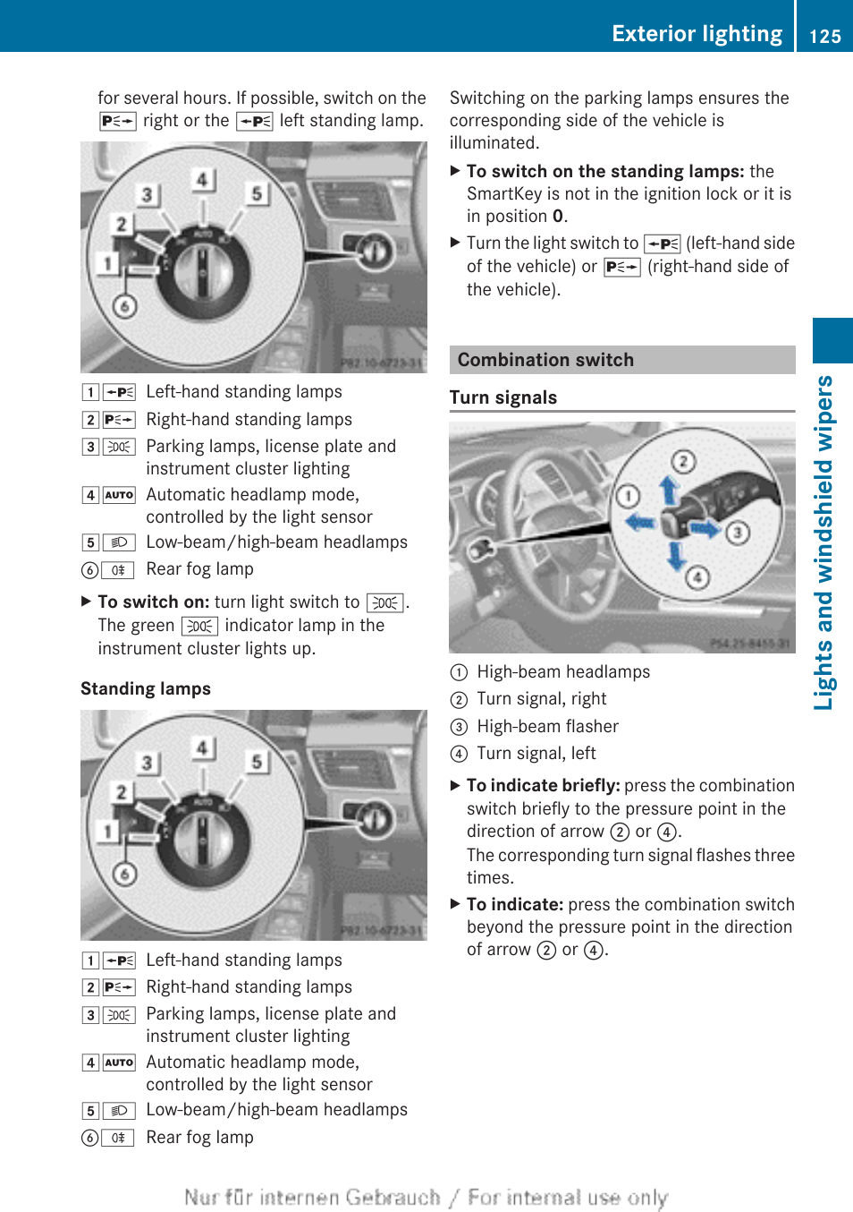 Combination switch, Lights and windshield wipers, Exterior lighting | Mercedes-Benz 2013 GL Class User Manual | Page 127 / 448