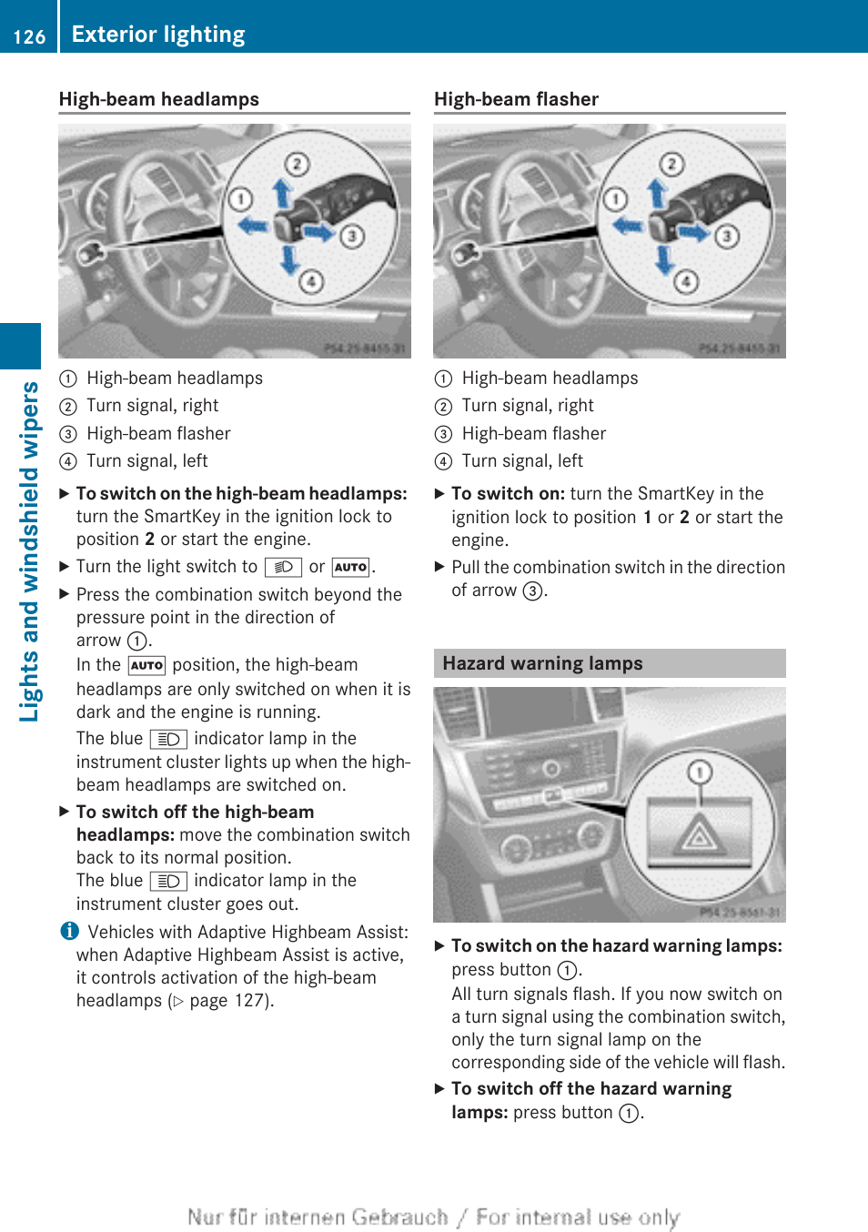 Hazard warning lamps, Lights and windshield wipers, Exterior lighting | Mercedes-Benz 2013 GL Class User Manual | Page 128 / 448