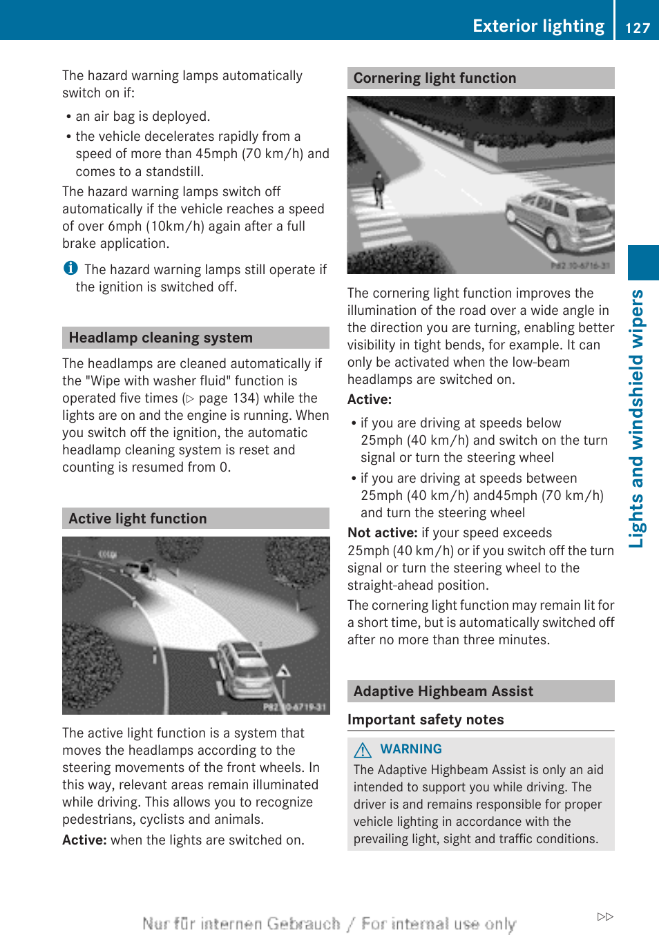 Headlamp cleaning system, Active light function, Cornering light function | Adaptive highbeam assist, Lights and windshield wipers, Exterior lighting | Mercedes-Benz 2013 GL Class User Manual | Page 129 / 448