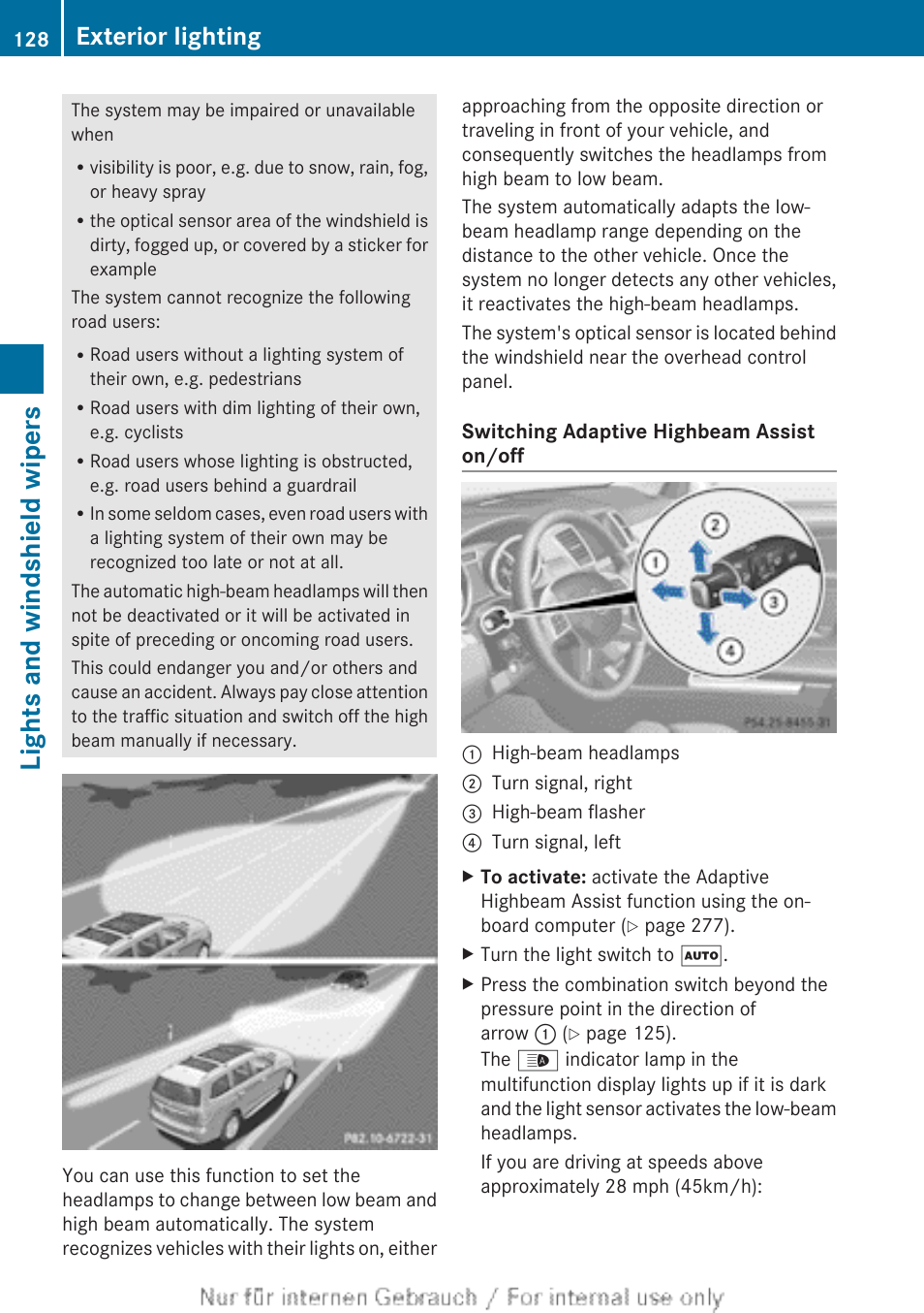 Lights and windshield wipers, Exterior lighting | Mercedes-Benz 2013 GL Class User Manual | Page 130 / 448