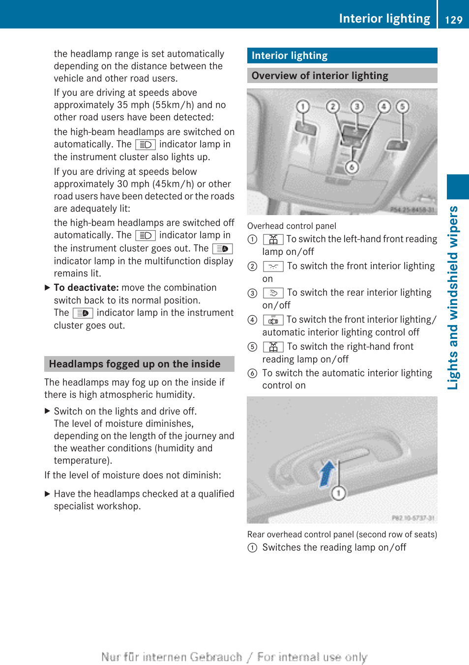 Headlamps fogged up on the inside, Interior lighting, Overview of interior lighting | Lights and windshield wipers | Mercedes-Benz 2013 GL Class User Manual | Page 131 / 448