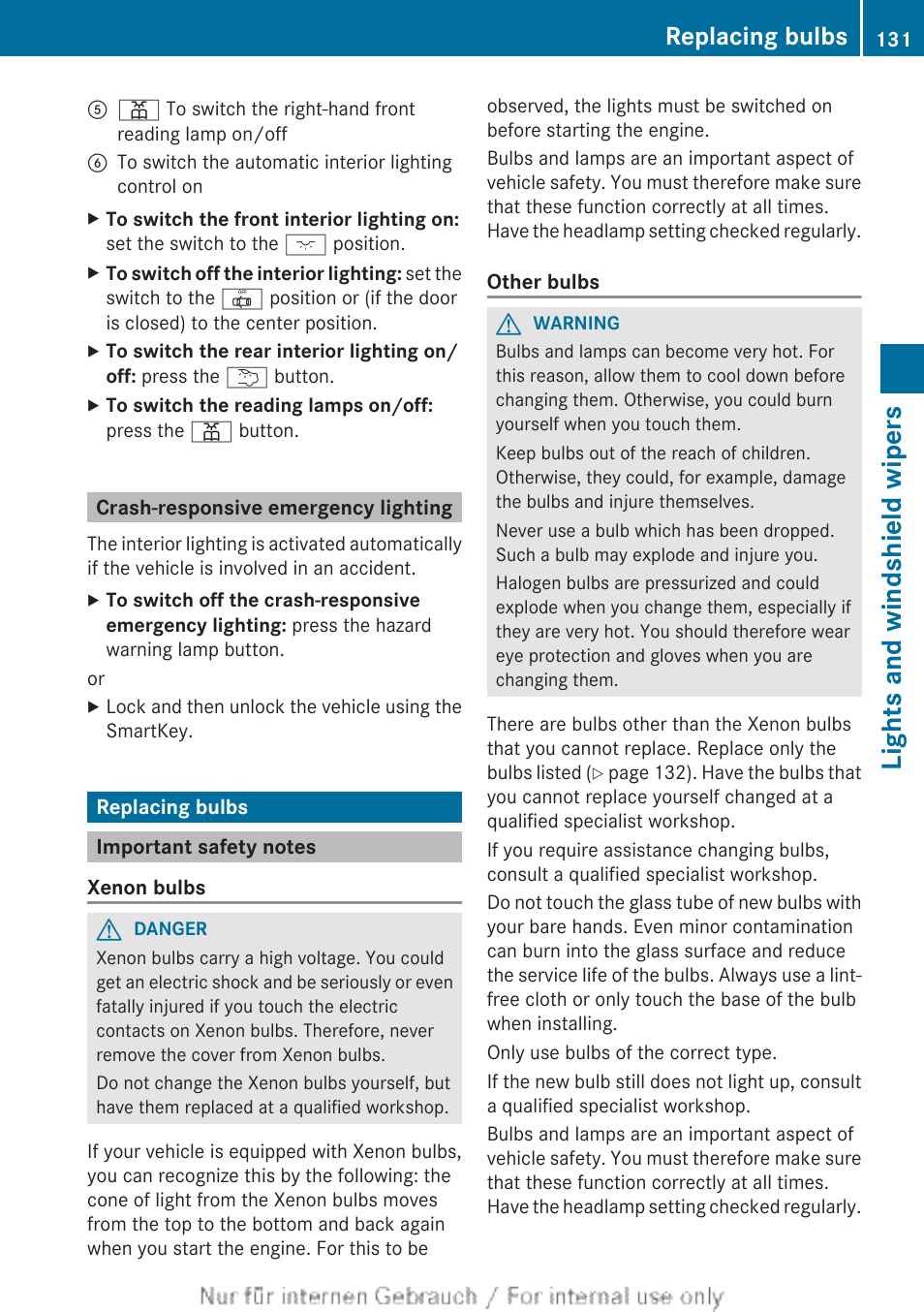 Crash-responsive emergency lighting, Replacing bulbs, Important safety notes | Lights and windshield wipers | Mercedes-Benz 2013 GL Class User Manual | Page 133 / 448