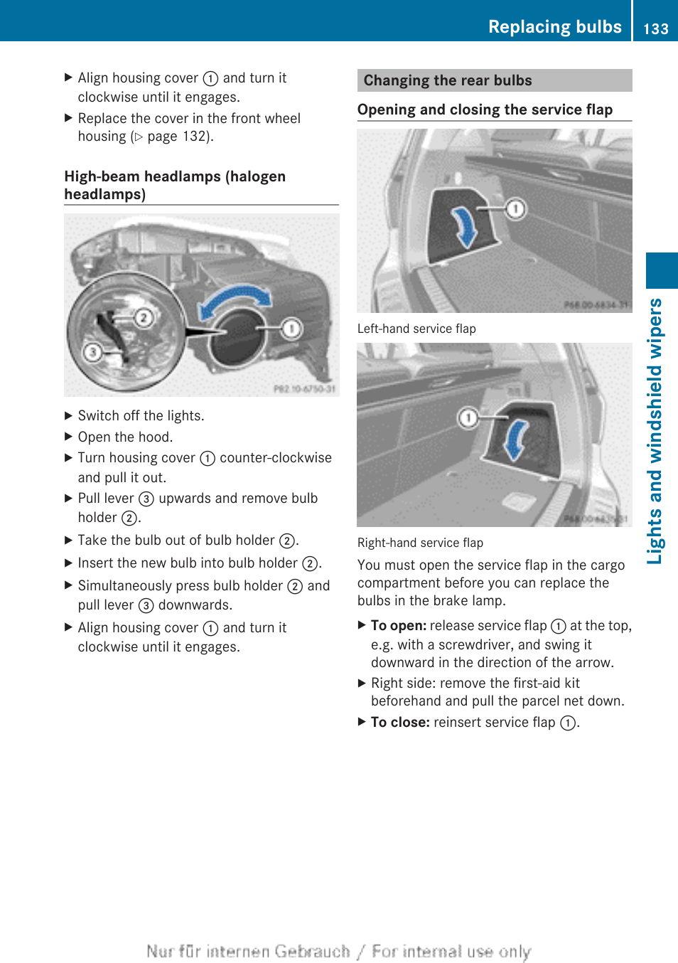 Changing the rear bulbs, Lights and windshield wipers, Replacing bulbs | Mercedes-Benz 2013 GL Class User Manual | Page 135 / 448