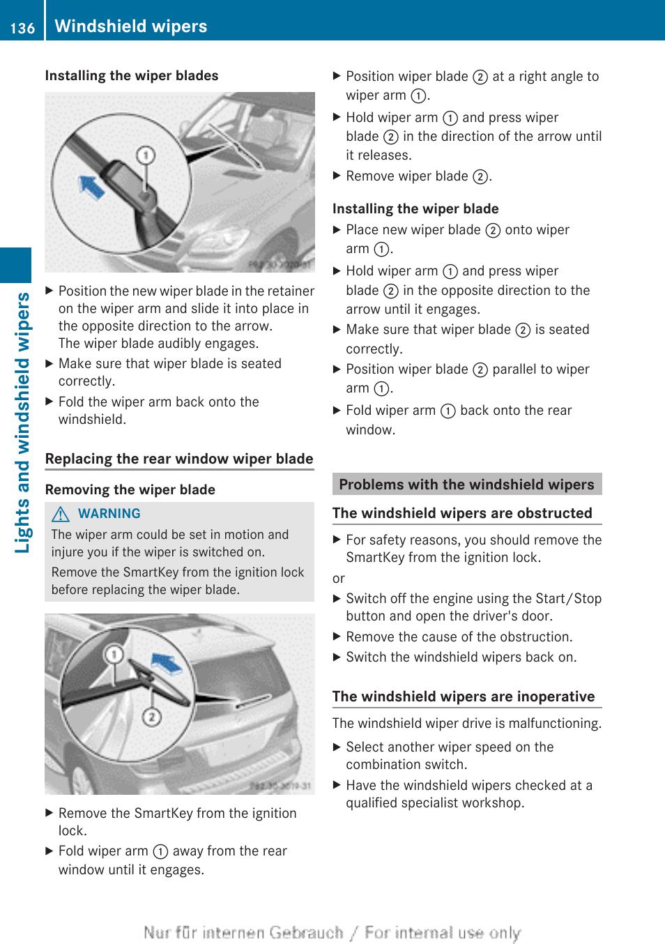 Problems with the windshield wipers, Lights and windshield wipers, Windshield wipers | Mercedes-Benz 2013 GL Class User Manual | Page 138 / 448