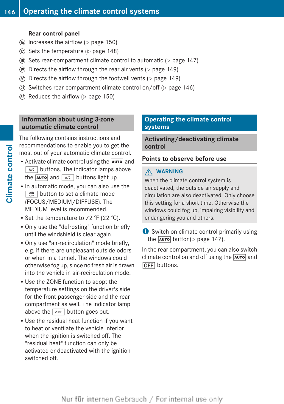 Operating the climate control systems, Activating/deactivating climate control, Operating the climate control sys | Tems, Switches climate control on/off, Switches rear-compartment climate control on/off, Climate control | Mercedes-Benz 2013 GL Class User Manual | Page 148 / 448