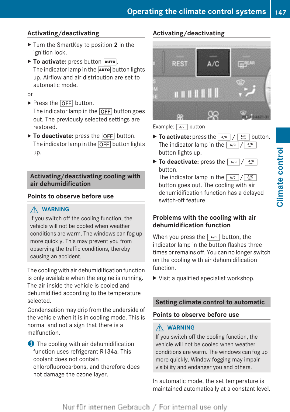 Setting climate control to automatic, Switches cooling with air dehumidification on/off, Sets climate control to automatic mode | Sets climate control to automatic, Sets rear-compartment climate control to automatic, Button, Climate control, Operating the climate control systems | Mercedes-Benz 2013 GL Class User Manual | Page 149 / 448