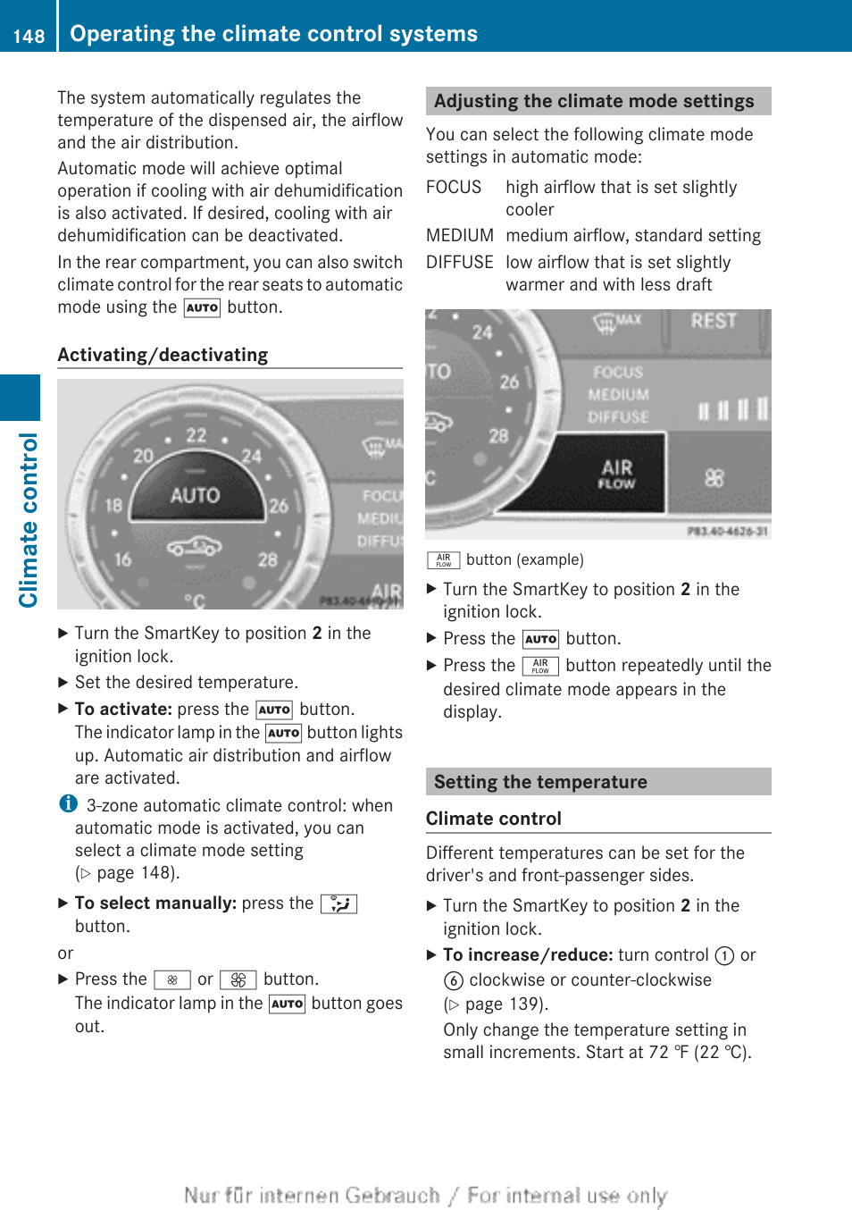 Adjusting the climate mode settings, Setting the temperature, Sets the temperature, left | Sets the temperature, right, Adjusts the climate control settings, Sets the temperature, Climate control, Operating the climate control systems | Mercedes-Benz 2013 GL Class User Manual | Page 150 / 448