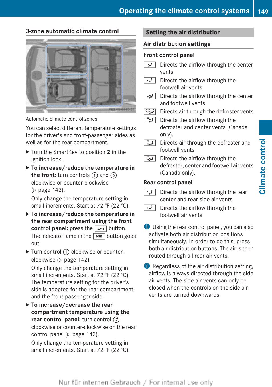 Setting the air distribution, Sets the air distribution, Directs the airflow through the rear air vents | Directs the airflow through the footwell vents, Climate control, Operating the climate control systems | Mercedes-Benz 2013 GL Class User Manual | Page 151 / 448