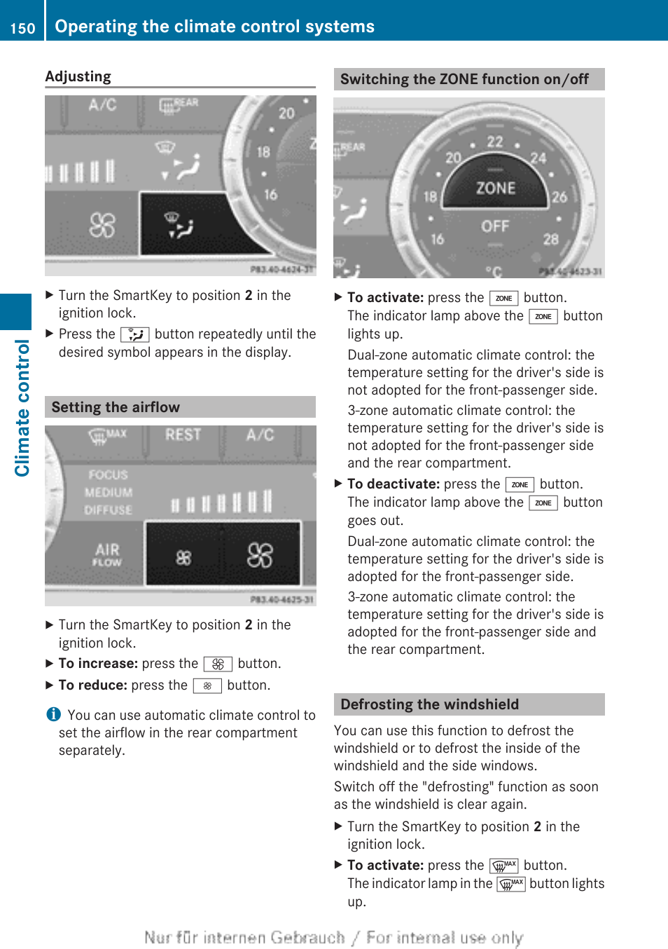 Setting the airflow, Switching the zone function on/off, Defrosting the windshield | Defrosts the windshield, Increases the airflow, Switches the zone function on/off, Climate control, Operating the climate control systems | Mercedes-Benz 2013 GL Class User Manual | Page 152 / 448