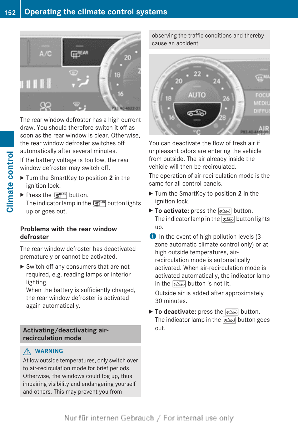 Activating/deactivating air-recirculation mode, Activates/deactivates air-recirculation mode, Climate control | Operating the climate control systems | Mercedes-Benz 2013 GL Class User Manual | Page 154 / 448