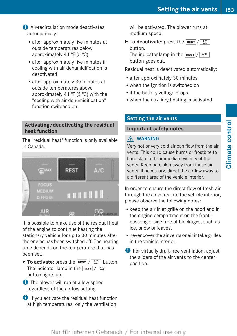 Activating/deactivating the residual heat function, Setting the air vents, Important safety notes | Switched off, Deactivates the residual heating function, Climate control | Mercedes-Benz 2013 GL Class User Manual | Page 155 / 448