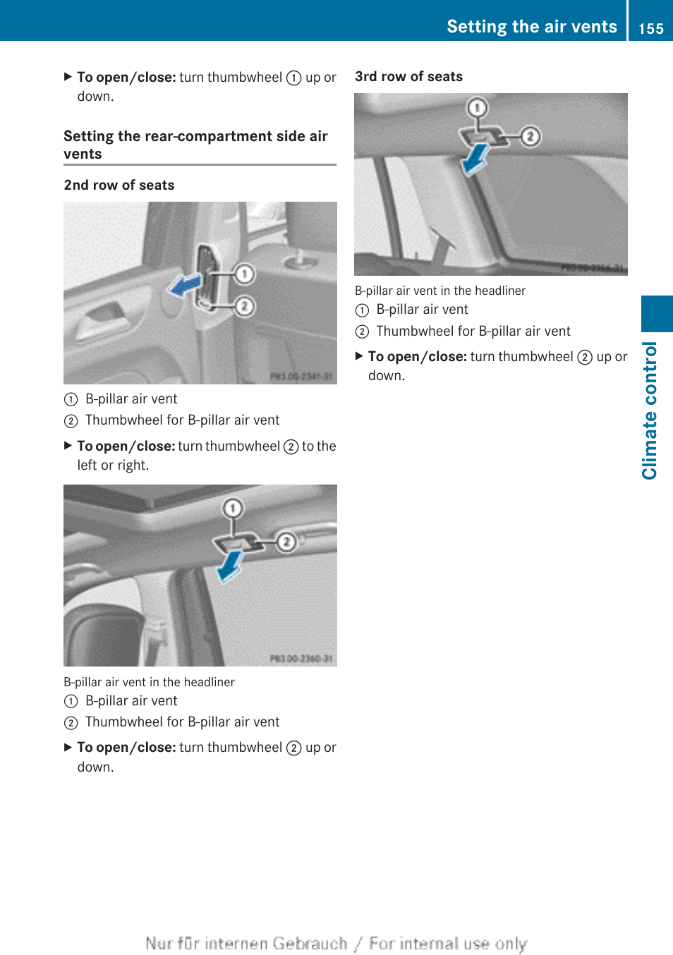 Climate control, Setting the air vents | Mercedes-Benz 2013 GL Class User Manual | Page 157 / 448