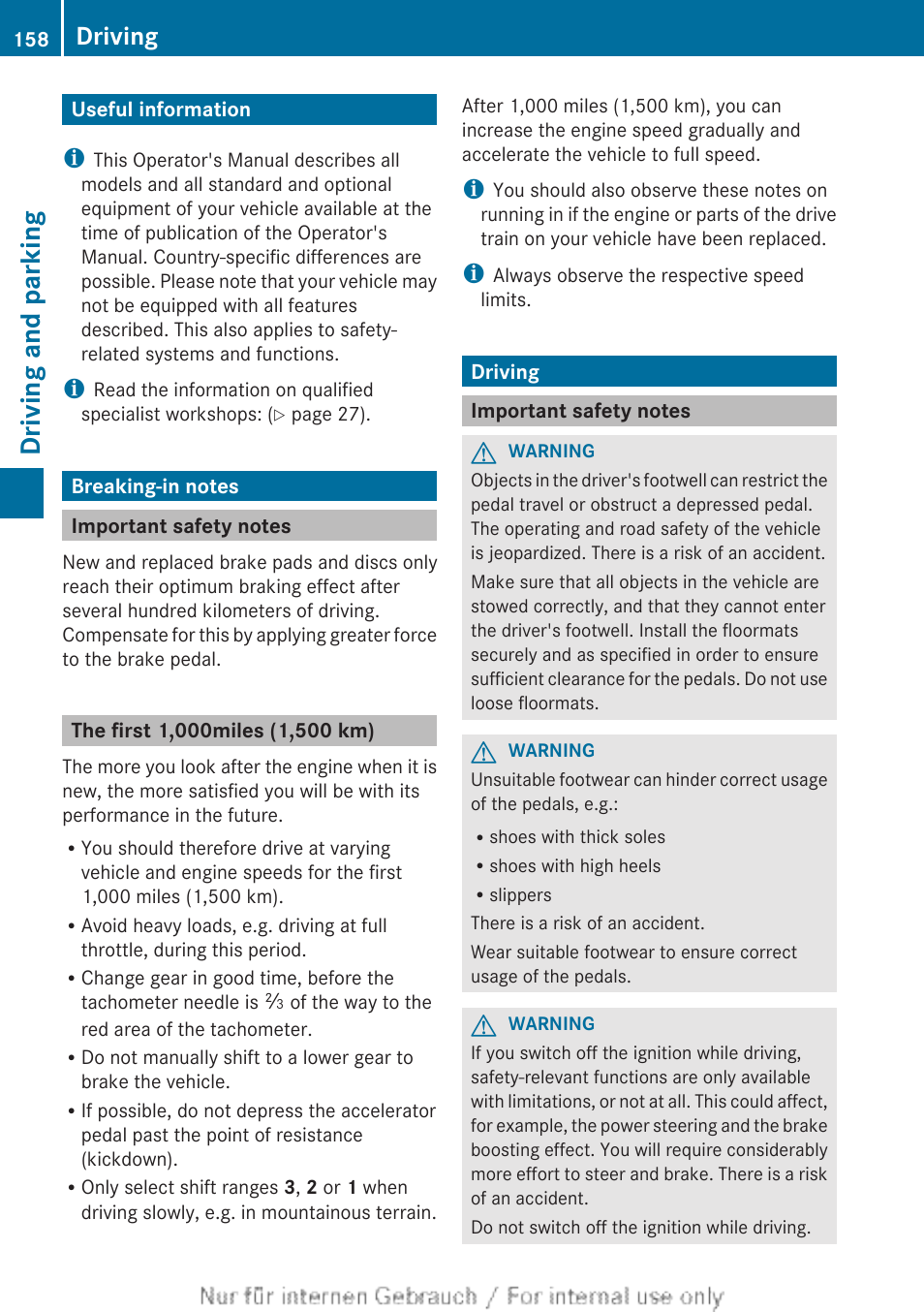 Driving and parking, Useful information, Breaking-in notes | Important safety notes, The first1,000miles (1,500 km), Driving, Useful information breaking-in notes driving | Mercedes-Benz 2013 GL Class User Manual | Page 160 / 448