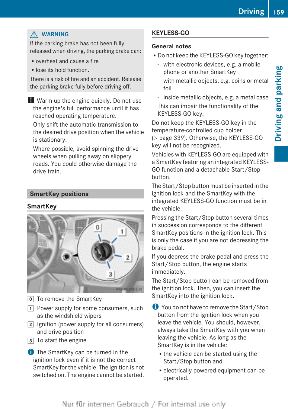 Smartkey positions, Driving and parking, Driving | Mercedes-Benz 2013 GL Class User Manual | Page 161 / 448