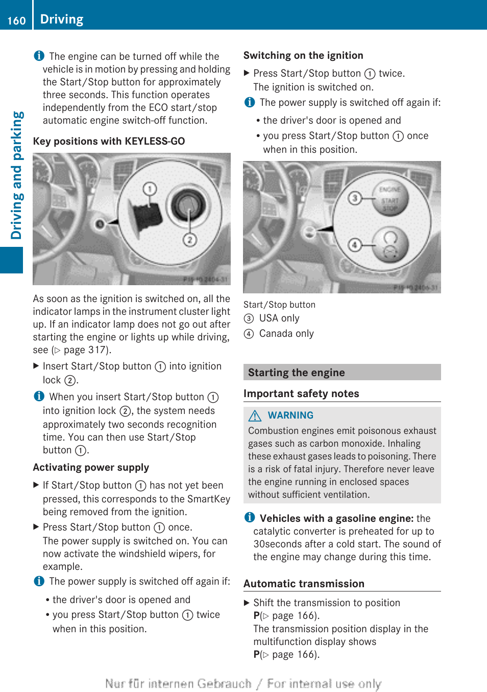 Starting the engine, Driving and parking, Driving | Mercedes-Benz 2013 GL Class User Manual | Page 162 / 448