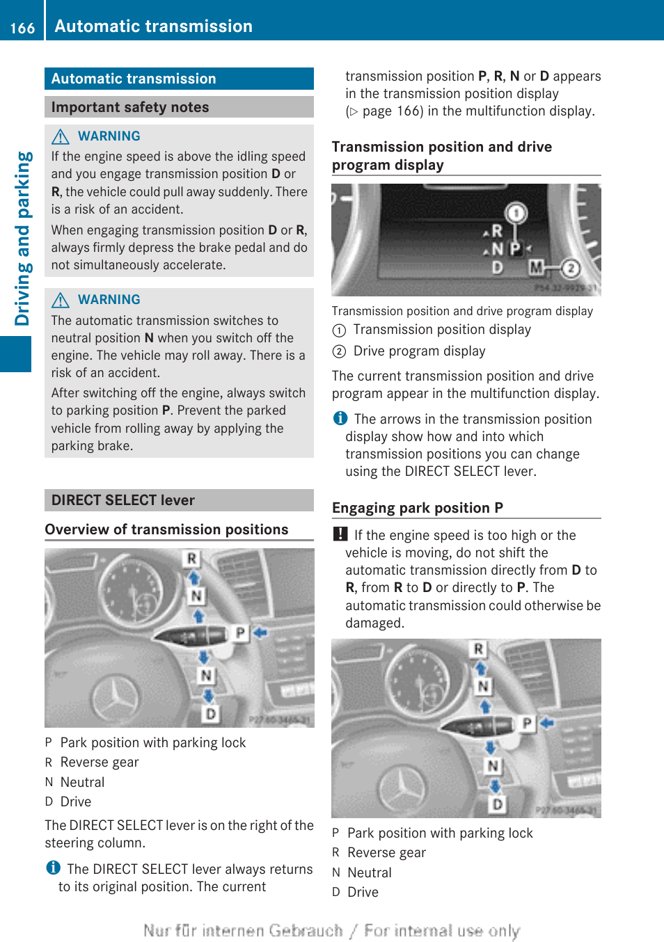 Automatic transmission, Important safety notes, Direct select lever | Driving and parking | Mercedes-Benz 2013 GL Class User Manual | Page 168 / 448