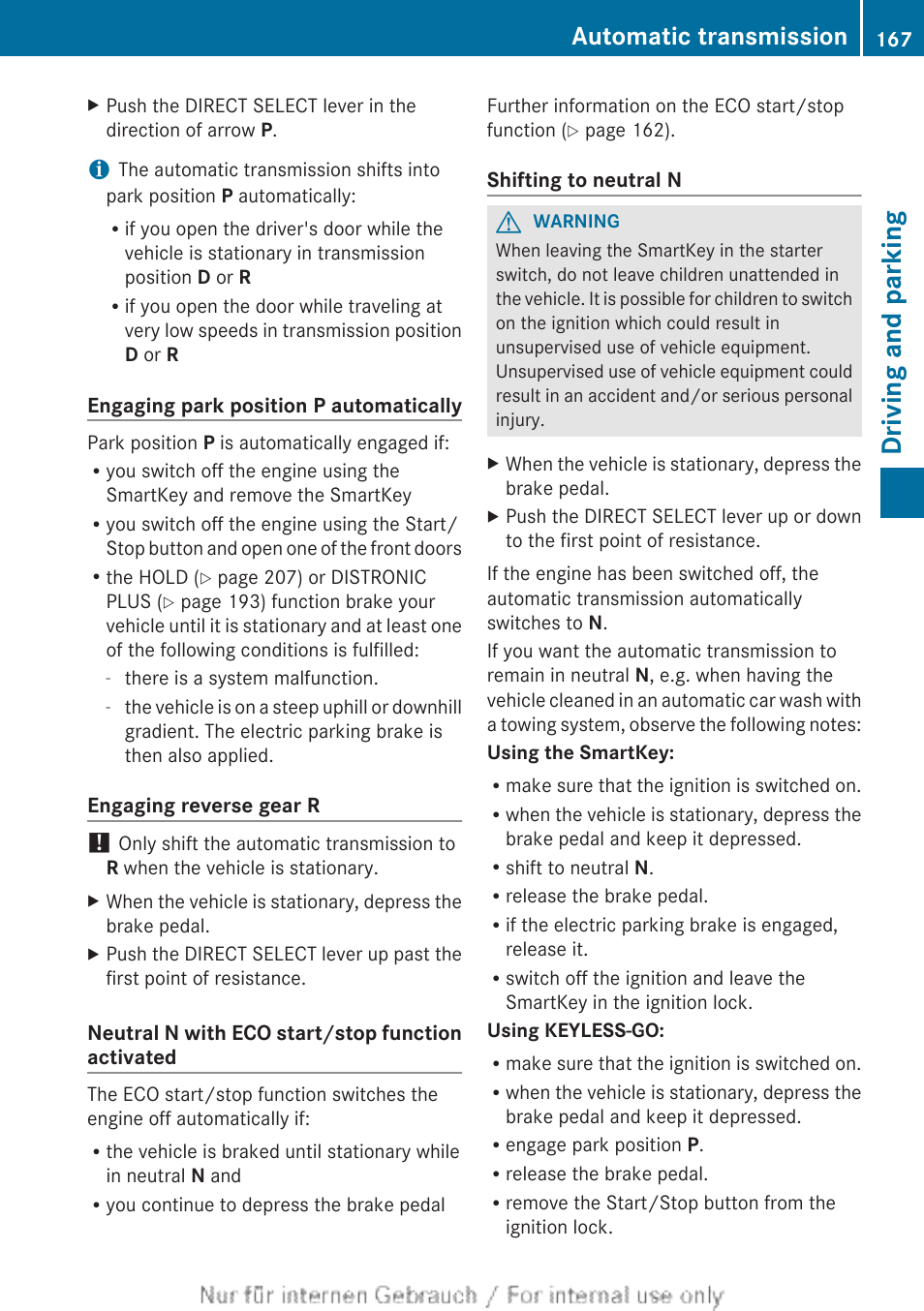 Driving and parking, Automatic transmission | Mercedes-Benz 2013 GL Class User Manual | Page 169 / 448