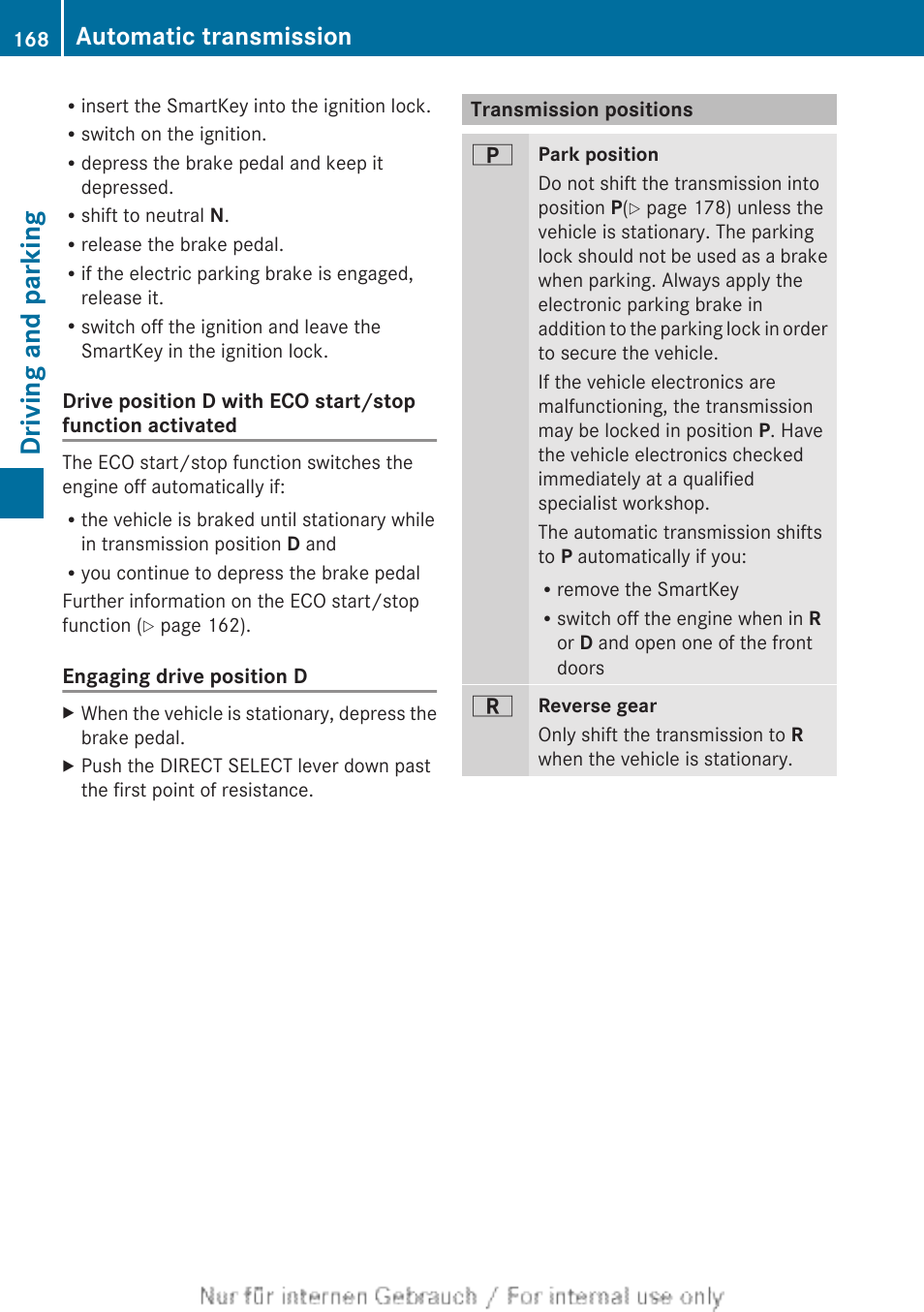 Transmission positions, Driving and parking, Automatic transmission | Mercedes-Benz 2013 GL Class User Manual | Page 170 / 448