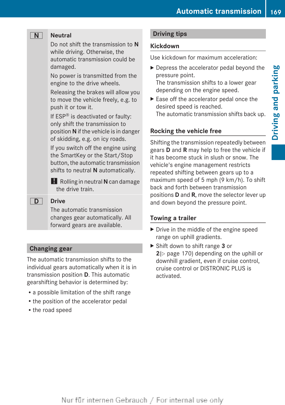 Changing gear, Driving tips, Driving and parking | Automatic transmission | Mercedes-Benz 2013 GL Class User Manual | Page 171 / 448