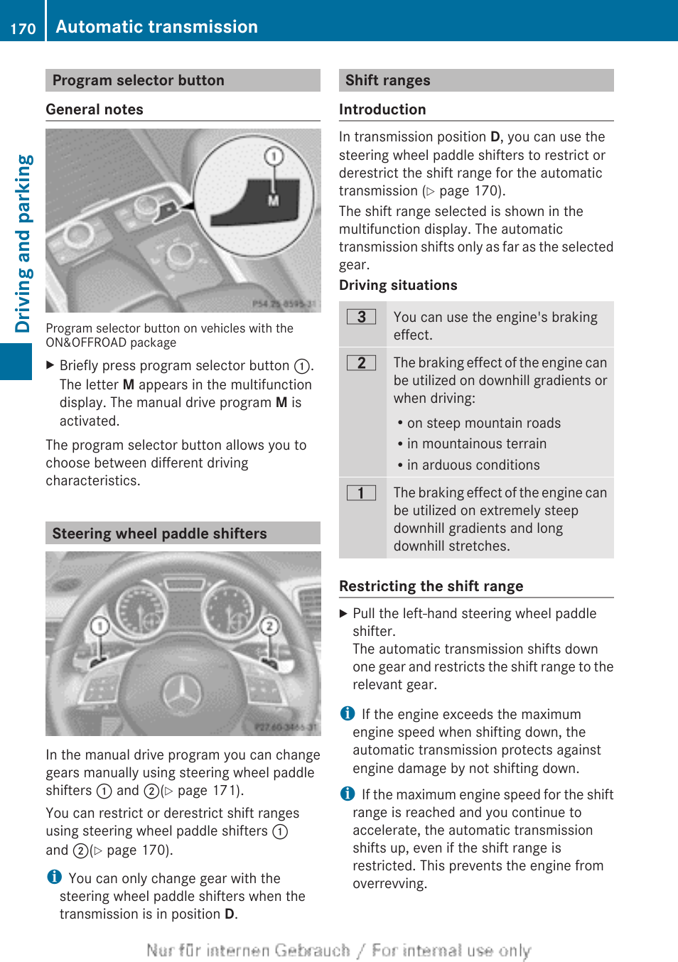 Program selector button, Steering wheel paddle shifters, Shift ranges | Driving and parking, Automatic transmission | Mercedes-Benz 2013 GL Class User Manual | Page 172 / 448