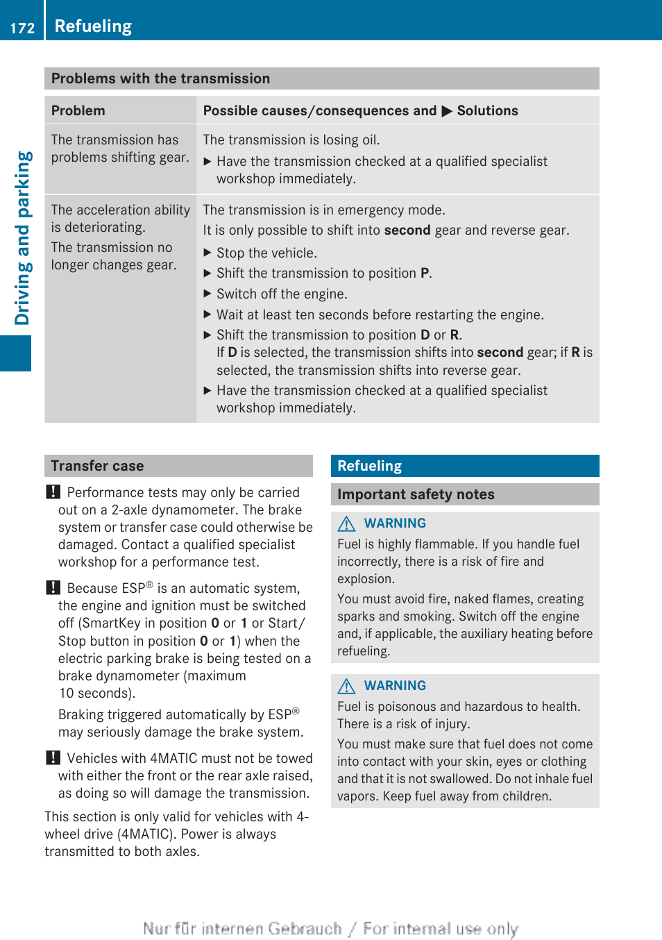 Problems with the transmission, Transfer case, Refueling | Important safety notes, Driving and parking | Mercedes-Benz 2013 GL Class User Manual | Page 174 / 448