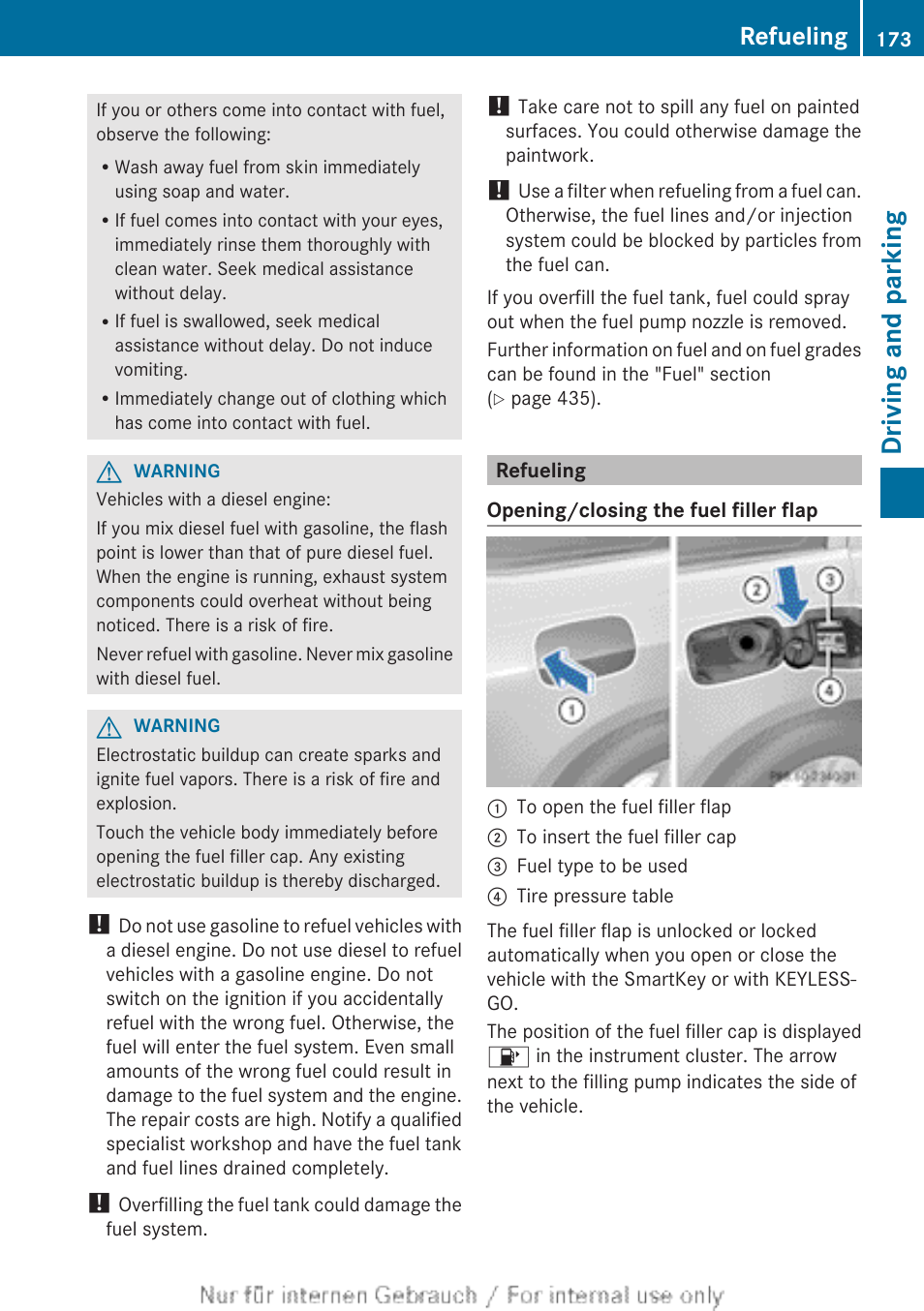 Refueling, Driving and parking | Mercedes-Benz 2013 GL Class User Manual | Page 175 / 448