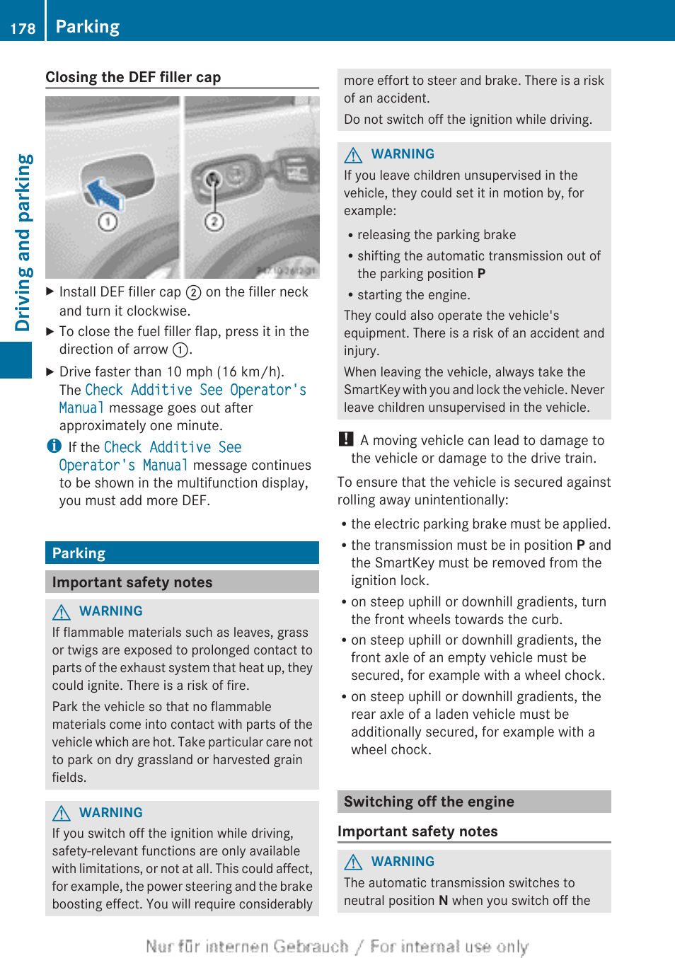 Parking, Important safety notes, Switching off the engine | Driving and parking | Mercedes-Benz 2013 GL Class User Manual | Page 180 / 448