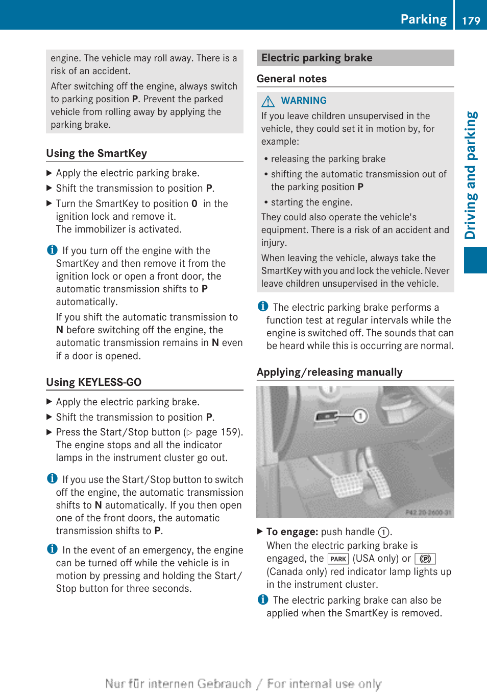 Electric parking brake, The electric parking brake, Driving and parking | Parking | Mercedes-Benz 2013 GL Class User Manual | Page 181 / 448