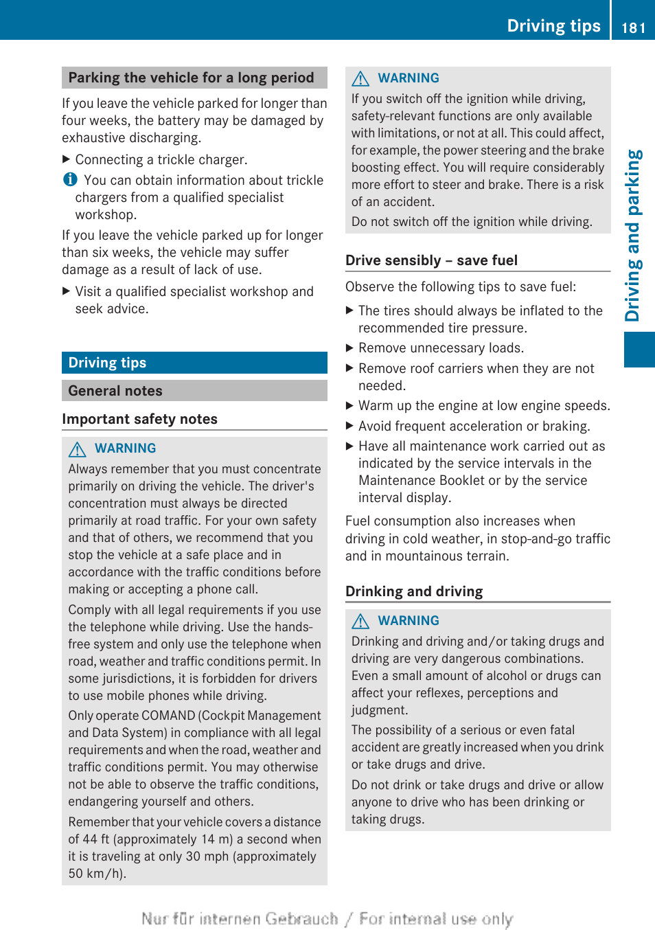 Parking the vehicle for a long period, Driving tips, General notes | Driving and parking | Mercedes-Benz 2013 GL Class User Manual | Page 183 / 448